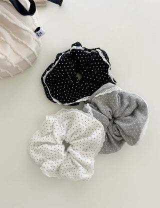 Lace scrunchie, polka dot cotton hair tie