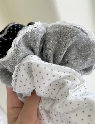 Lace scrunchie, polka dot cotton hair tie