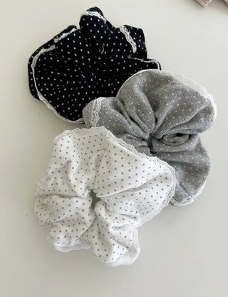 Lace scrunchie, polka dot cotton hair tie
