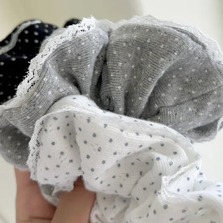 Lace scrunchie, polka dot cotton hair tie