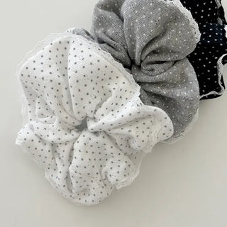 Lace scrunchie, polka dot cotton hair tie