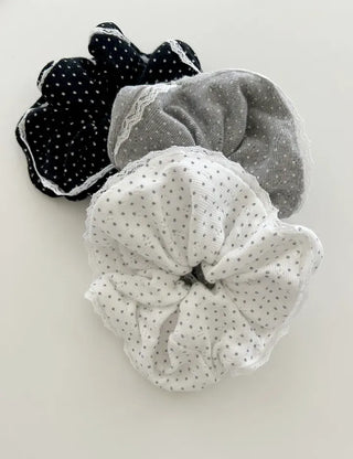 Lace scrunchie, polka dot cotton hair tie