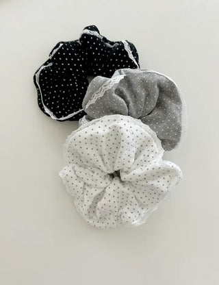 Lace scrunchie, polka dot cotton hair tie