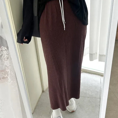 Knit ribbed long skirt women's H-line elastic waist skirt