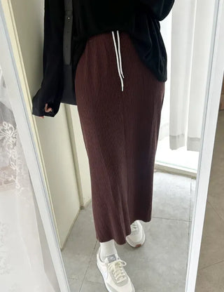Knit ribbed long skirt women's H-line elastic waist skirt