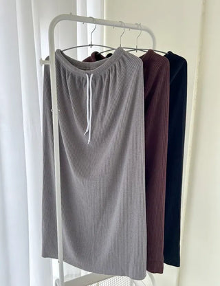Knit ribbed long skirt women's H-line elastic waist skirt