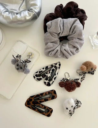 Merry Shop Poodle Doll Keyring Leopard Print Ribbon Keyholder Mini Keyring