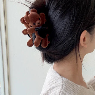 Merry Shop hair clip, teddy bear, velvet, holiday look, updo