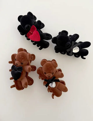 Merry Shop hair clip, teddy bear, velvet, holiday look, updo