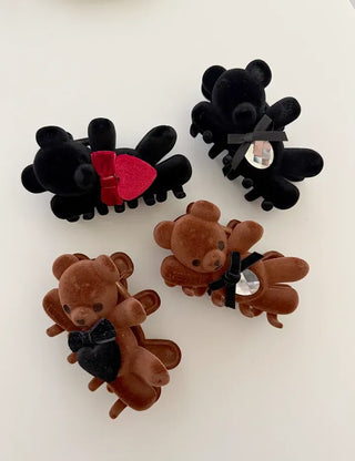 Merry Shop hair clip, teddy bear, velvet, holiday look, updo