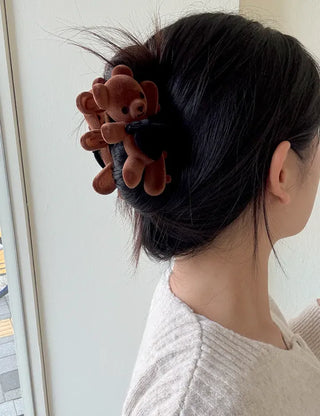 Merry Shop hair clip, teddy bear, velvet, holiday look, updo