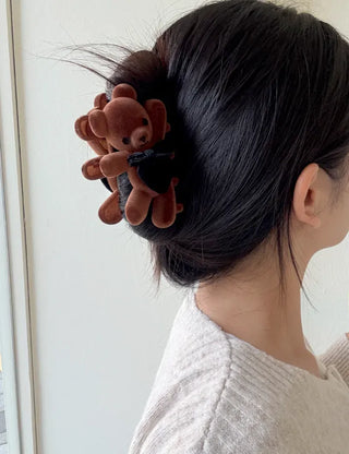 Merry Shop hair clip, teddy bear, velvet, holiday look, updo