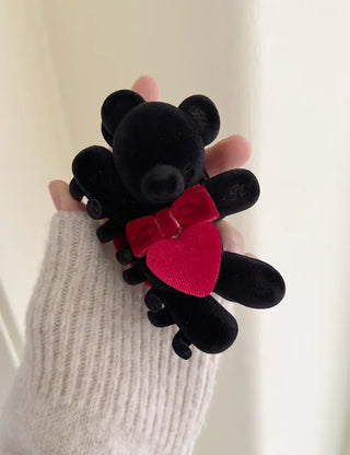 Merry Shop hair clip, teddy bear, velvet, holiday look, updo