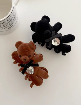 Merry Shop hair clip, teddy bear, velvet, holiday look, updo