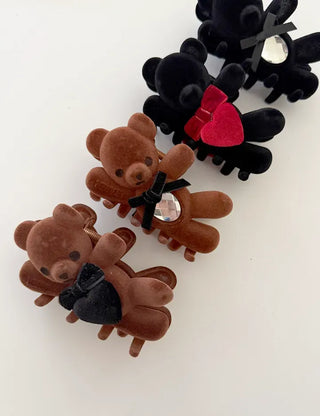 Merry Shop hair clip, teddy bear, velvet, holiday look, updo