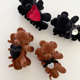 Merry Shop hair clip, teddy bear, velvet, holiday look, updo