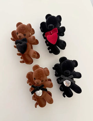 Merry Shop hair clip, teddy bear, velvet, holiday look, updo