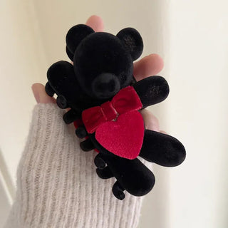 Merry Shop hair clip, teddy bear, velvet, holiday look, updo