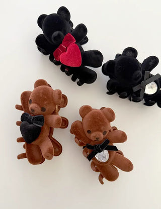 Merry Shop hair clip, teddy bear, velvet, holiday look, updo