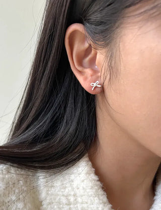 Ribbon Hoop Earrings Ball Silver Post Silver Mini