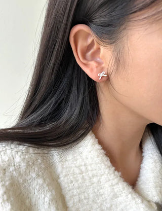 Ribbon Hoop Earrings Ball Silver Post Silver Mini