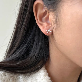 Ribbon Hoop Earrings Ball Silver Post Silver Mini