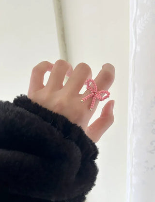 Lovely ribbon ring, gold beaded women's fashion ring