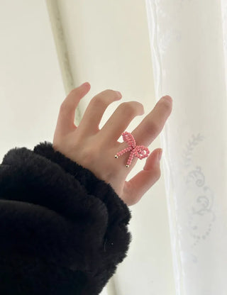 Lovely ribbon ring, gold beaded women's fashion ring