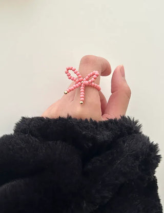Lovely ribbon ring, gold beaded women's fashion ring