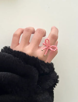 Lovely ribbon ring, gold beaded women's fashion ring