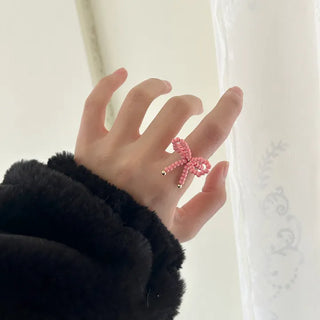 Lovely ribbon ring, gold beaded women's fashion ring