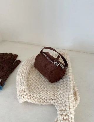 Mini tote bag, cylindrical pouch, suede bag