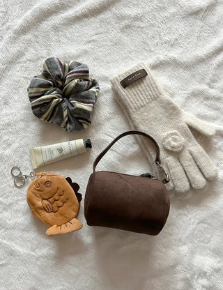Mini tote bag, cylindrical pouch, suede bag