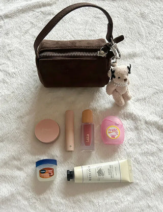 Mini tote bag, cylindrical pouch, suede bag