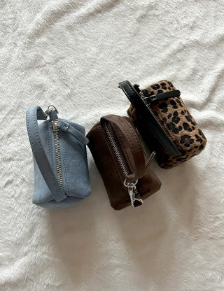 Mini tote bag, cylindrical pouch, suede bag