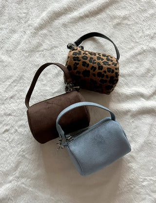 Mini tote bag, cylindrical pouch, suede bag