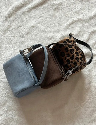 Mini tote bag, cylindrical pouch, suede bag