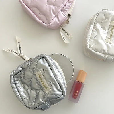 Heart Quilted Pouch Padded Square Mini Silver