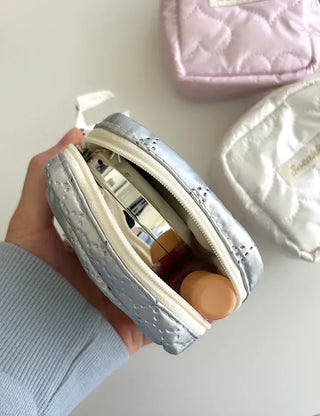 Heart Quilted Pouch Padded Square Mini Silver