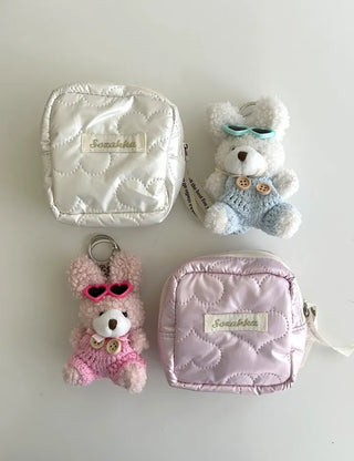 Heart Quilted Pouch Padded Square Mini Silver