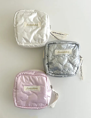 Heart Quilted Pouch Padded Square Mini Silver