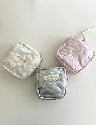 Heart Quilted Pouch Padded Square Mini Silver