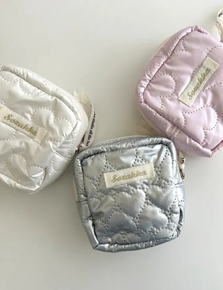Heart Quilted Pouch Padded Square Mini Silver