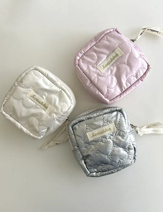 Heart Quilted Pouch Padded Square Mini Silver