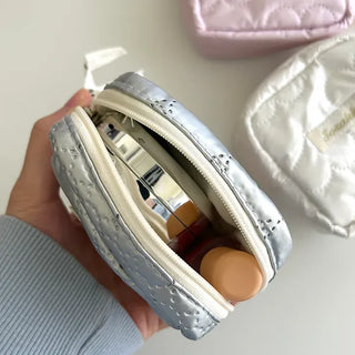 Heart Quilted Pouch Padded Square Mini Silver