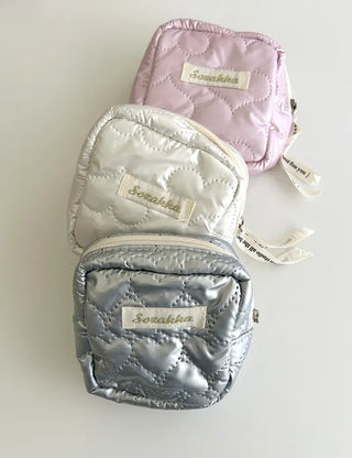 Heart Quilted Pouch Padded Square Mini Silver