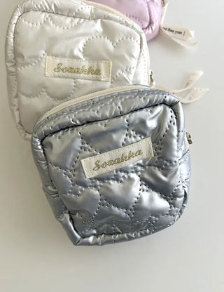 Heart Quilted Pouch Padded Square Mini Silver