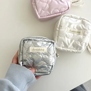 Heart Quilted Pouch Padded Square Mini Silver
