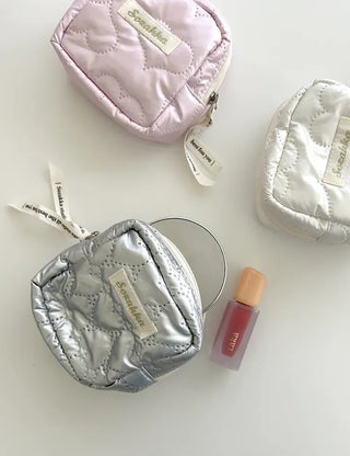Heart Quilted Pouch Padded Square Mini Silver