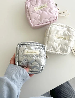 Heart Quilted Pouch Padded Square Mini Silver